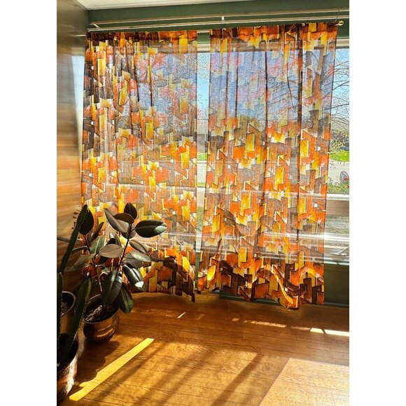 Vintage 60s curtain, orange, yellow, brown, groovy bold abstract print, for 1 - Picture 1 of 10